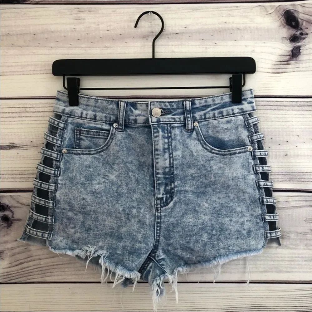 Windsor Acid Wash High Rise Cut Out Distressed Denim Shorts